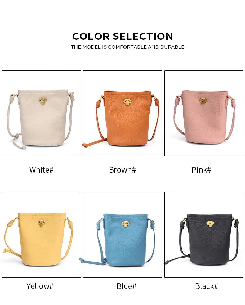 Women's Genuine Leather Mini Crossbody Bag Ladies' Waxed Cowhide Vintage Shoulder Bag Brand Small Chic Cellphone Bucket Bag