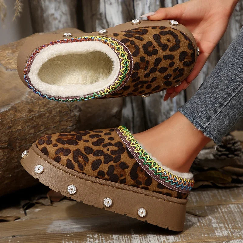 Vintage Leopard Print Women's Platform Snow Boots Anti Slip Warm Plush Ankle Boots Women Thick Sole Cotton Padded Shoes Woman