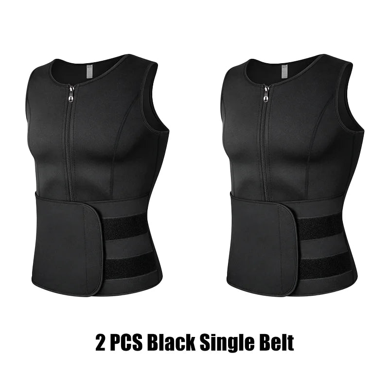 2PC Black Men Waist Sauna Vest Body Shaper Compression Tank Fat Burner Shirt