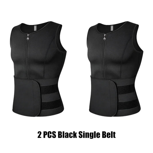 2PC Black Men Waist Sauna Vest Body Shaper Compression Tank Fat Burner Shirt