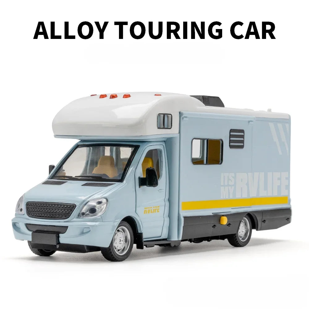 1/32 Tourist RV Model Toys Car Alloy Diecast Vehicle Doors Opened Metal Body Rubber Tire Sound Light Pull Back Toy Gift for Kids