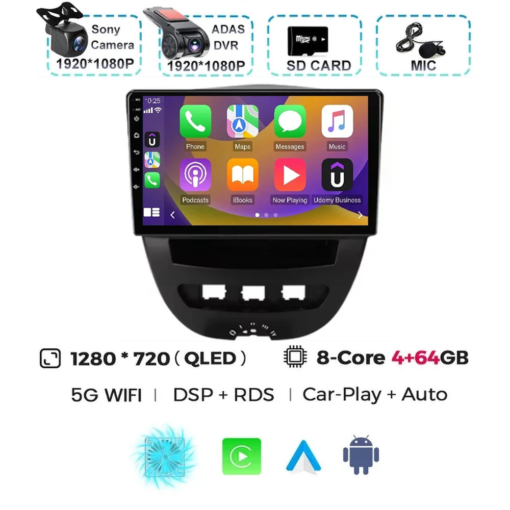 For Peugeot 107 Toyota Aygo Citroen C1 2005-2014 Carplay Auto Android 15 Car Radio Multimedia Video Player Navigation 4G WIFI