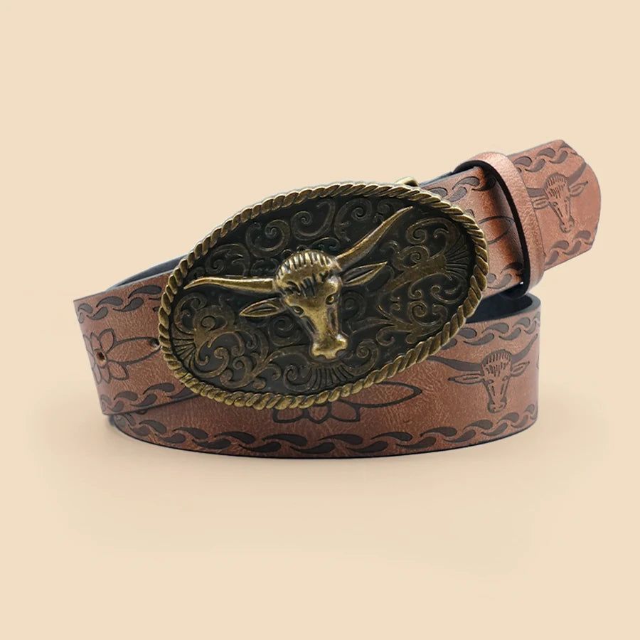 Retro Western Style Casual Belt with Antiqued Alloy Bullhead Buckle, a Versatile Accessory for Daily Commute and Dating