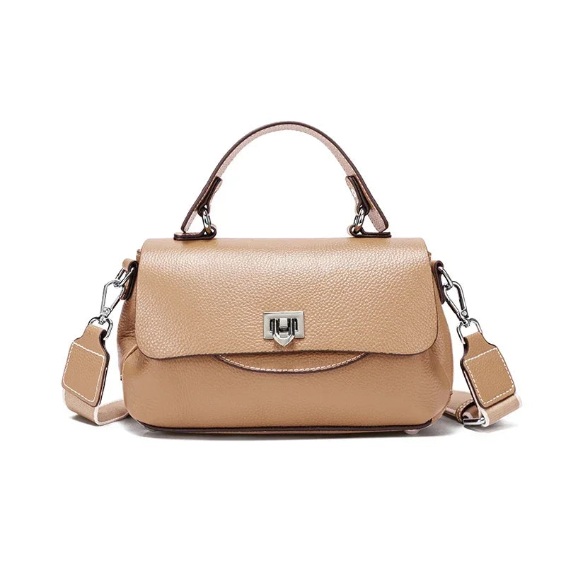 Genuine Leather Mini Crossbody Bag for Women Top Handle Satchel Handbag with Lock Closure Adjustable Strap Small Shoulder Bag