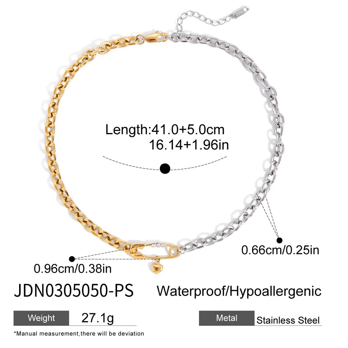 Uworld Fashion Unique Designer 18K Gold Color Plated Stainless Steel Waterproof Paper Clip Heart Pendant Necklace Two tone Chain