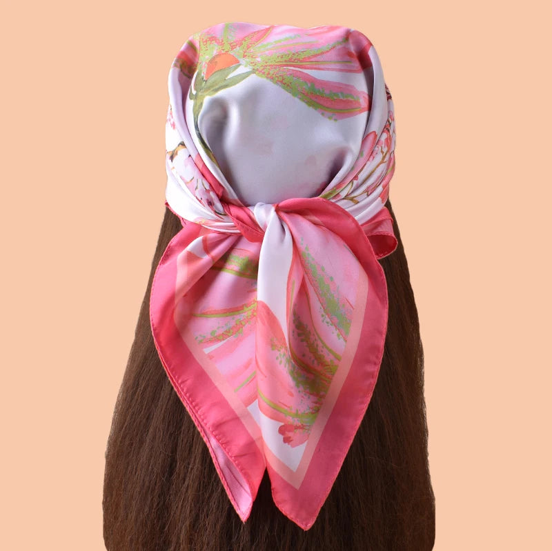 1pc Sweet Large Flower Print Silk Satin Square Scarf Women's Hair Accessory Spring New Style Versatile Belt Bag Decoration Heads