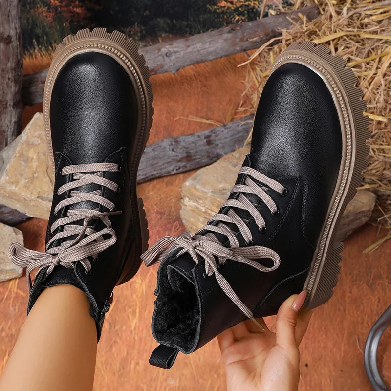 Autumn Winter Short Plush Ankle Boots Women Fashion Lace Up Pu Leather Platform Boots Woman Thick Sole Motorcycle Botas Mujer 42