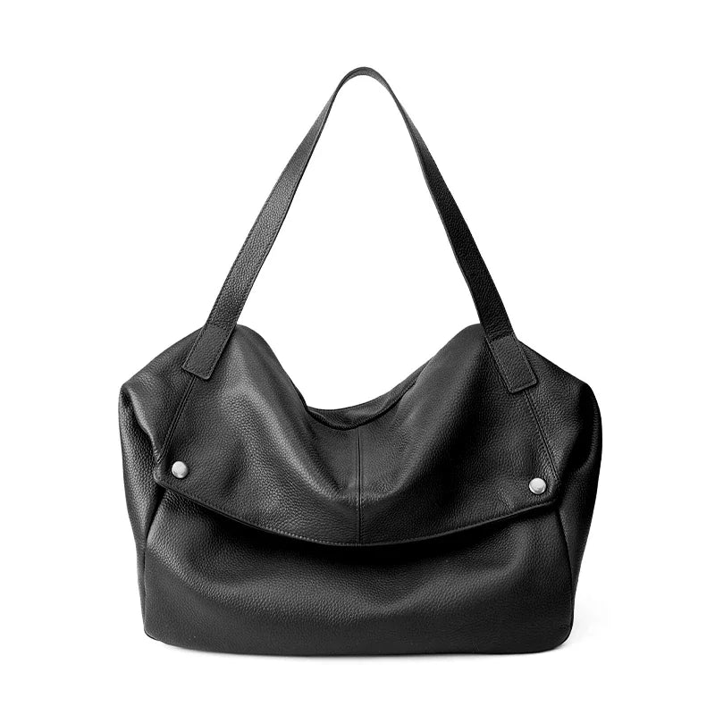 Genuine Cowhide Leather Large Slouchy Tote Bag for Women Pebbled Leather Foldable Shoulder Crossbody Bag Casual Leather Yoga Bag
