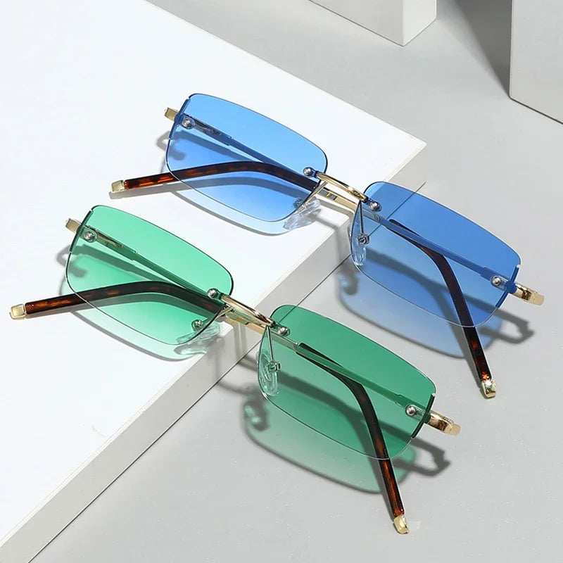JNPCXI Fashion Rectangle Women Sunglasses Vintage Rimless Clear Ocean Gradient Lens Men UV400 Trending Sun Glasses