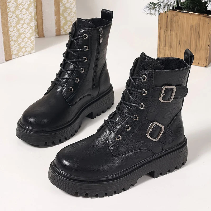 Fashion Buckle Black Motorcycle Boots Women Pu Leather Platform Ankle Boots Woman Plus Size 35-42 Thick Sole Lace Up Shoes Mujer