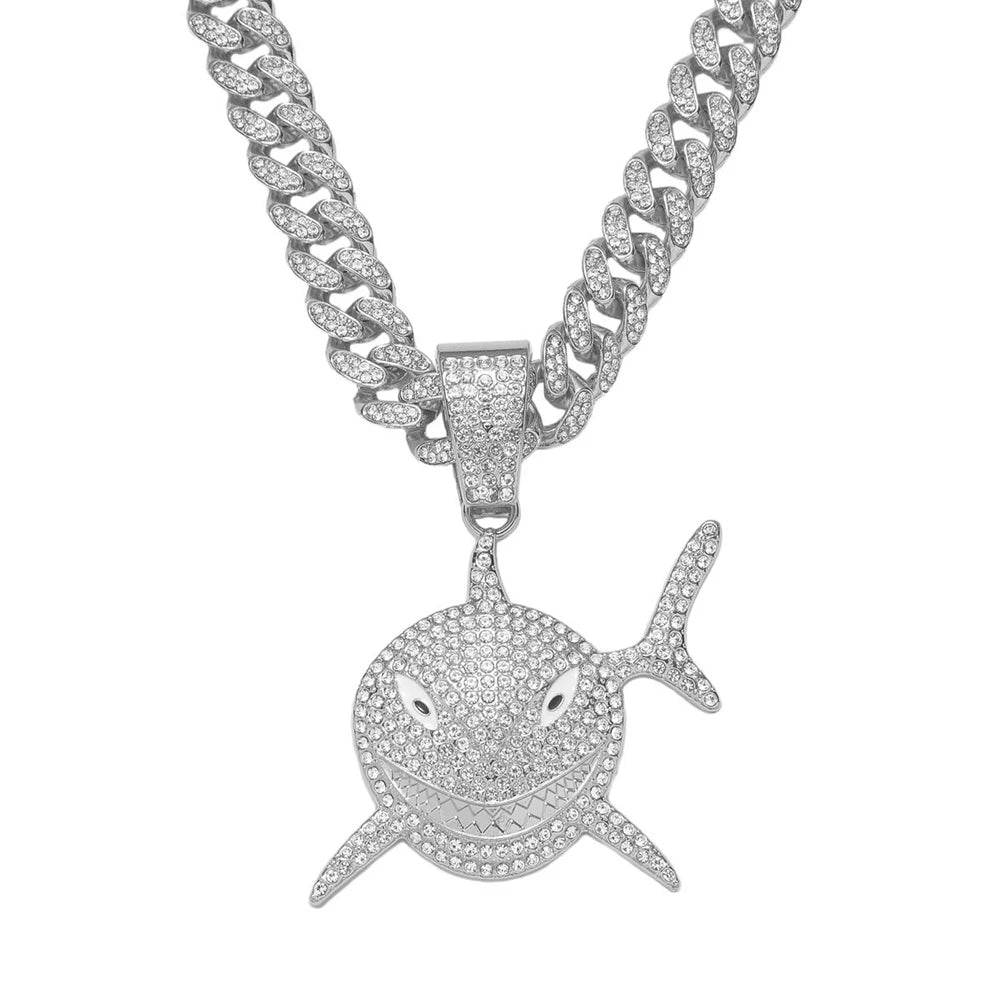 Big Size Shark Pendant Necklace For Men Hip Hop Bling Jewelry With 13mm Iced Out Rhinestone Miami Cuban Chain Fashion Jewelry
