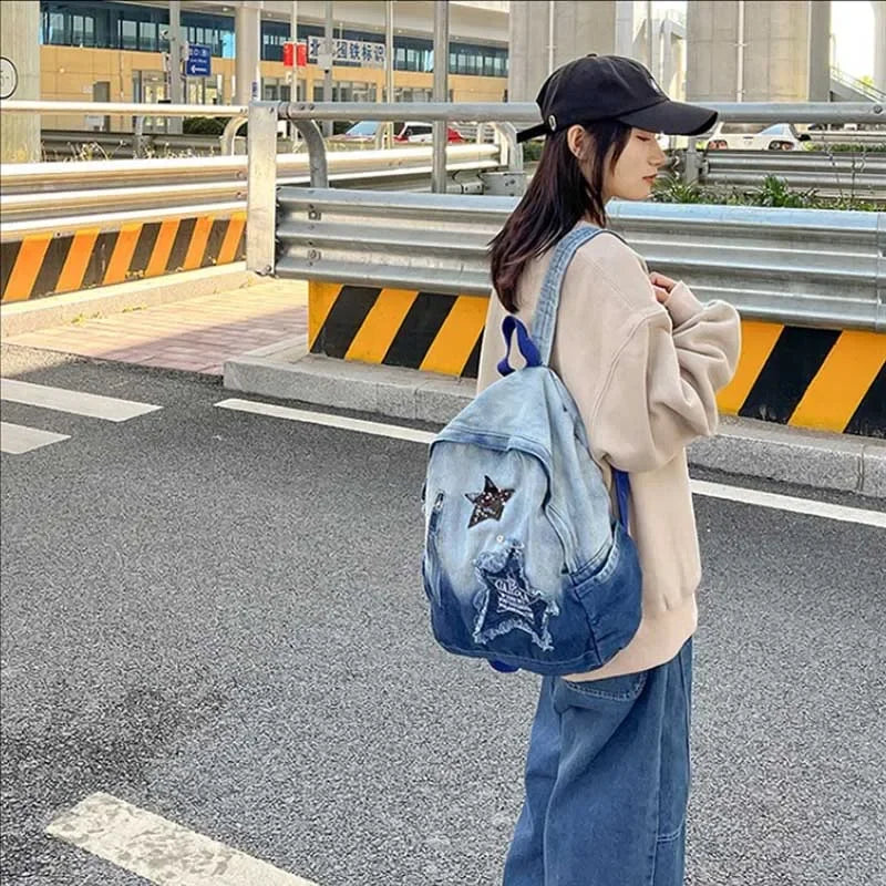 Y2K Korean Casual Denim Backpack Fashion Star Pattern Large Capacity Student Schoolbag Teenagers Vintage Punk Travel Book Bag