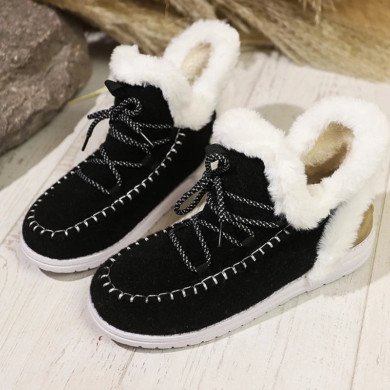 Red Thick Plush Lace Up Snow Boots Women Plus Size 43 Non Slip Sole Cotton Shoes Woman Comfortable Warm Fluffy Winter Boots