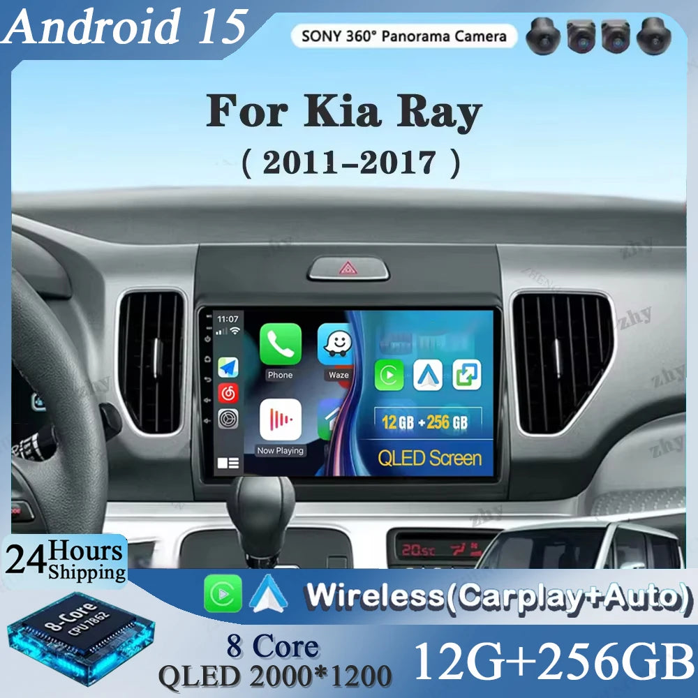 For Kia Ray 2011-2017 2K 12+256 QLED Android 15 CarPlay Car Radio Multimedia Video Player GPS stereo Head Unit 4G WIFI DSP RDS