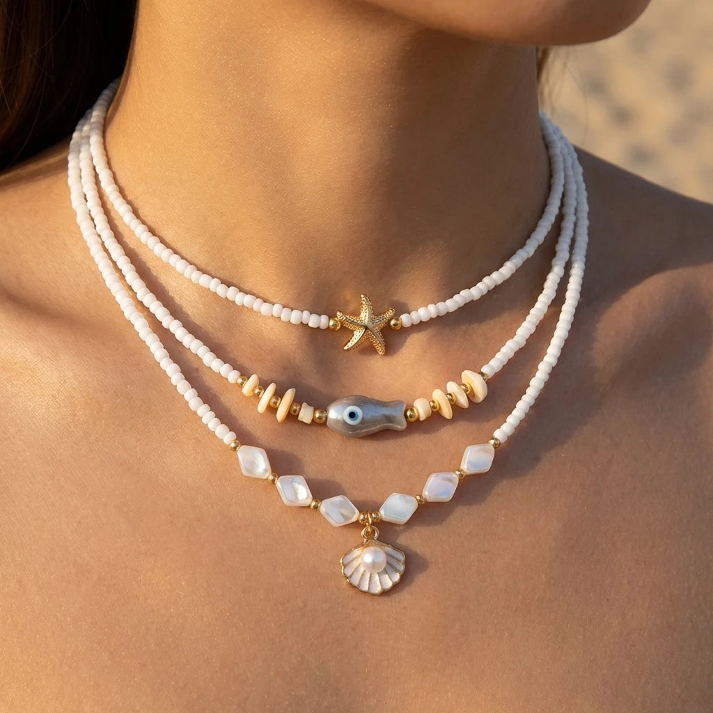 Tropical Fresh 3Pcs Layered Necklace Set For Women Starfish Fish Shell Rice Beaded Summer Beach Jewelry