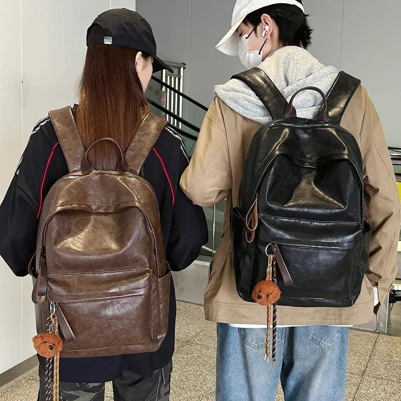 Old Style Laidback Backpack PU Leather Men Bag Laptop Travel Solid Work Bag