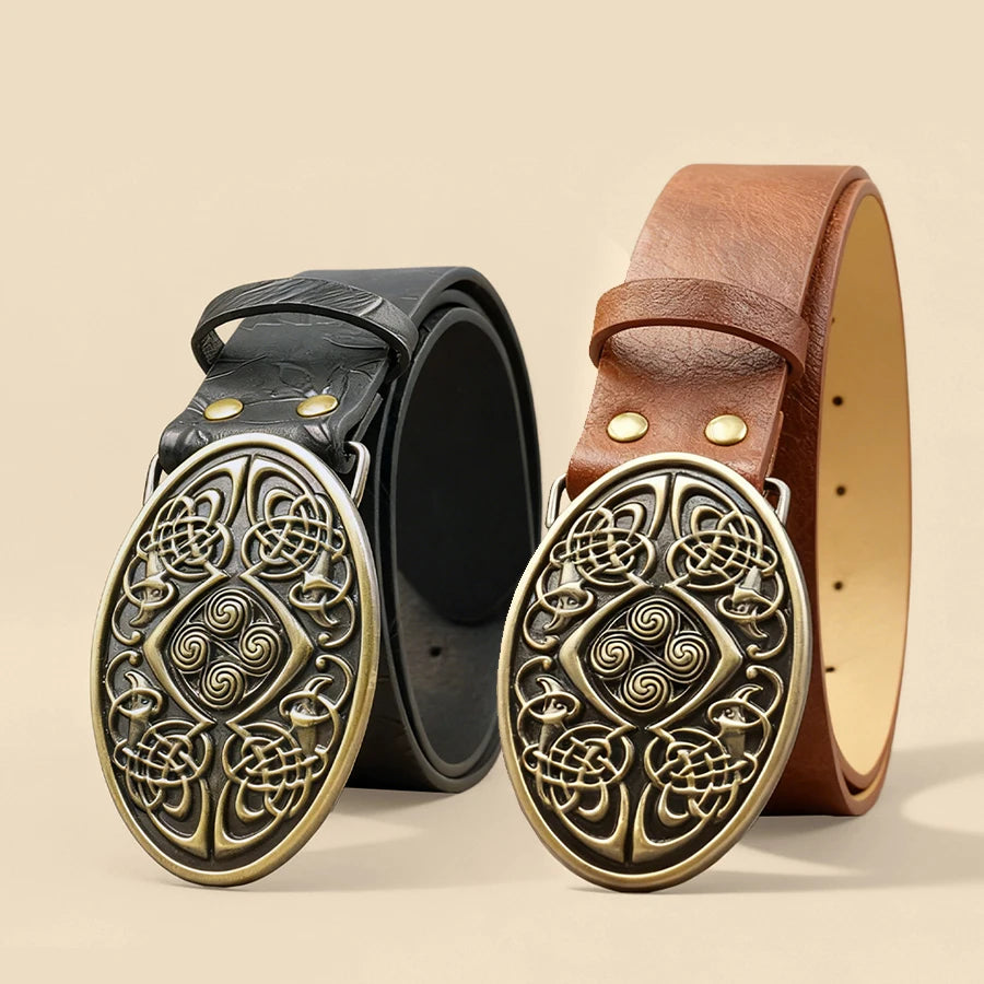 Vintage Celtic Knot Buckle Leather Belt - Embossed Brown/Black Fashion Waist Strap for Men & Women