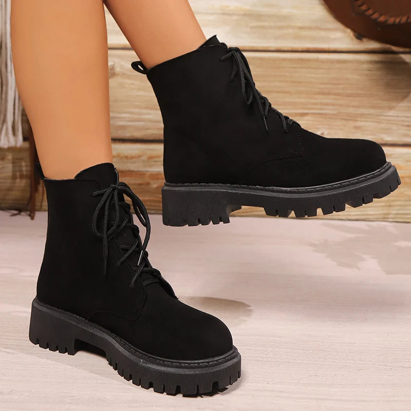 Retro Faux Suede Platform Ankle Boots Women Autumn Winter Plus Size Lace Up Shorts Booties Mujer Comfort Thick Sole Boots Woman