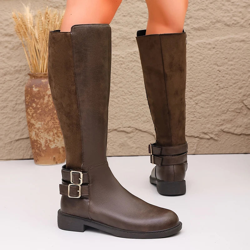 Fashion Buckle Brown Pu Leather Riding Boots Women Plus Size 43 Middle Heel Knee High Boots Woman Round Toe Zipper Long Botas