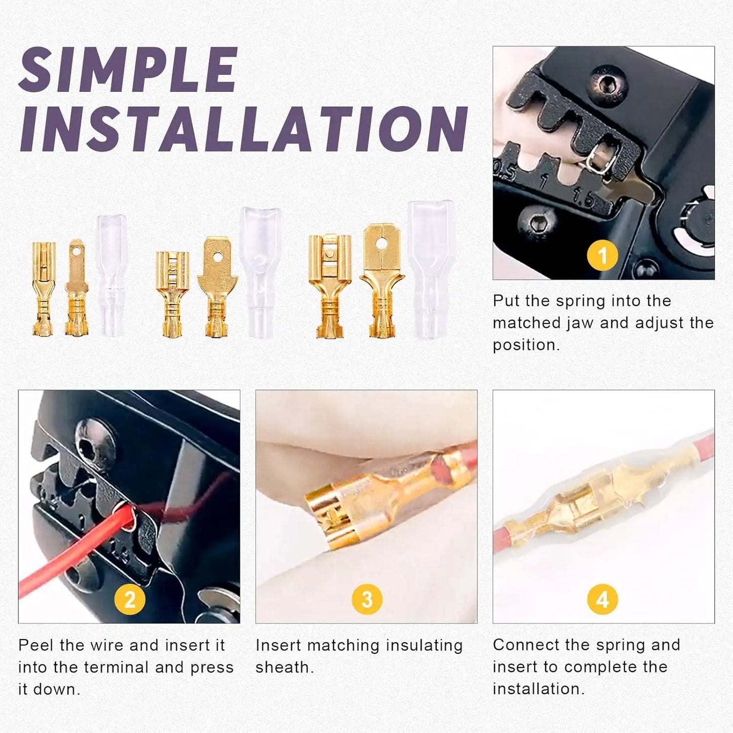 720Pcs Gold 2.8/4.8/6.3mm Male and Female Spade Quick Connectors Wire Crimp Terminal Block with Insulating Sleeve Assortment Kit