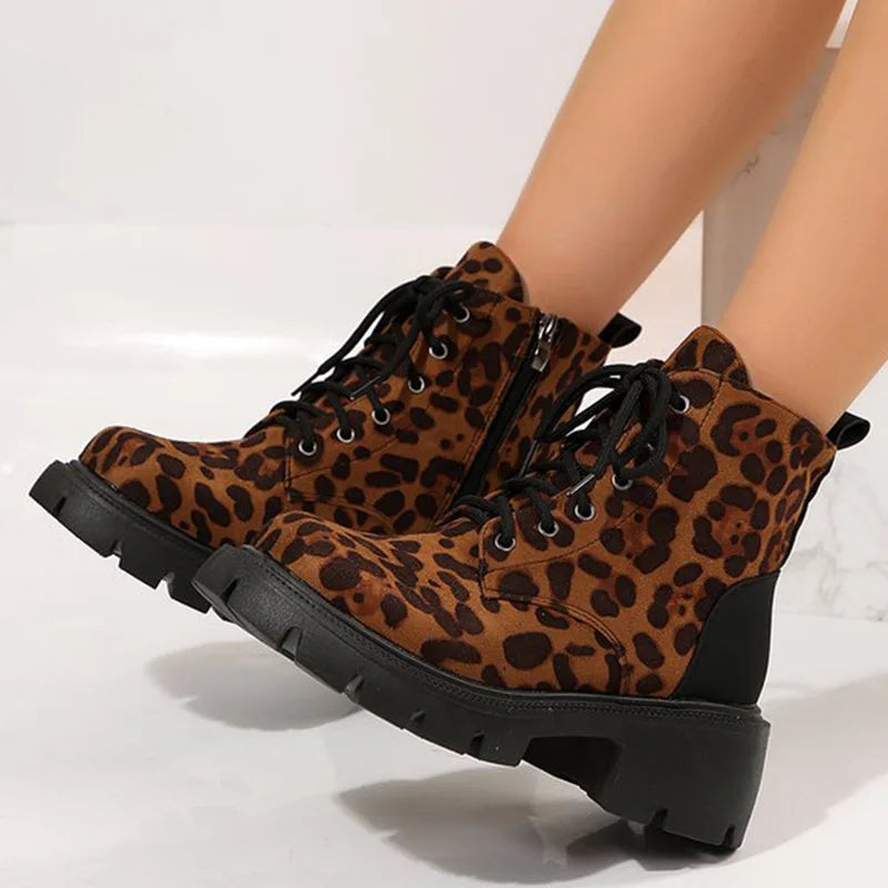 Y2K Leopard Faux Suede Boots for Women Vintage Square Heel Platform Ankle Boots Woman 2025 Autumn Zipper Up Booties Female