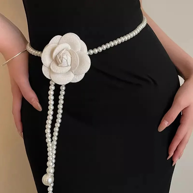 Camellia Pearl Waist Chain For Women Versatile With Skirts Sweet Decoration Thin Waist Belt To Cinch And Slim The Waist