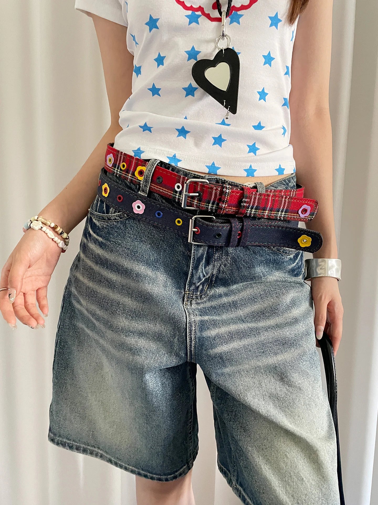 Y2k Dopamine Floral Red Plaid Waist Belt For Women Summer 2025 New Sweet Cool Hot Girl Denim Blue Belt