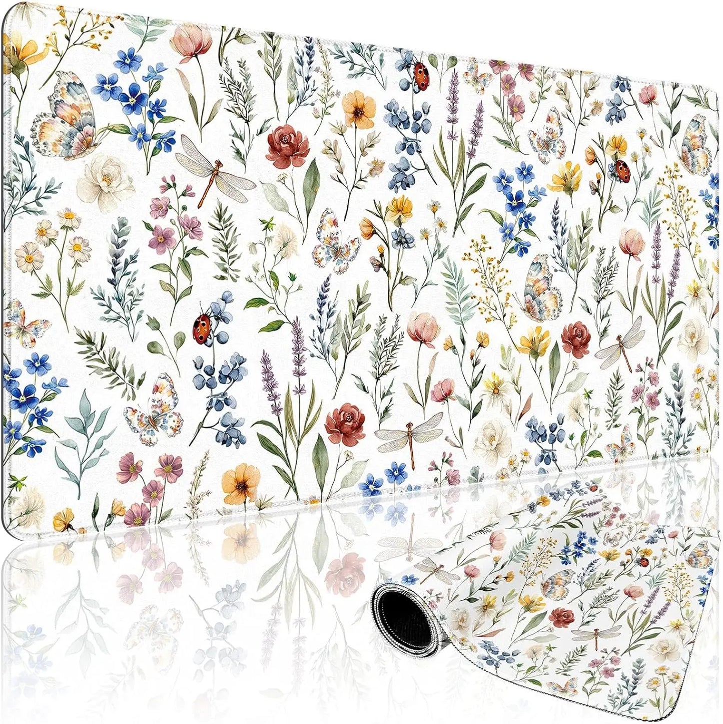 Narcissus Blue Floral Large Gaming Mouse Pad，XXL Desk Mat,Non-Slip Rubber Base Stitched Edges - Waterproo Mousepad for PC/Office