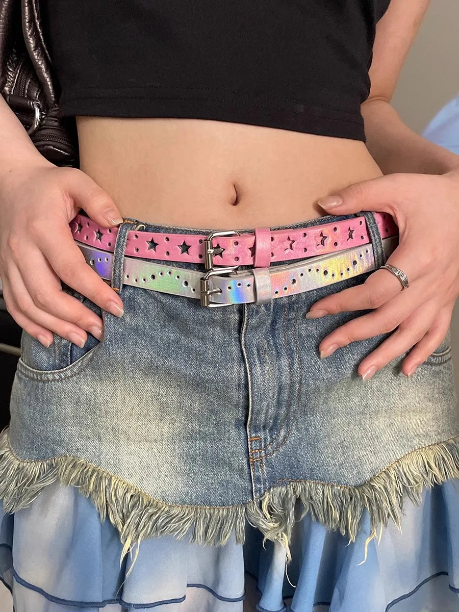 Y2k Millennium Spice Girl Style Pink Star Waist Belt For Women 2025 New Summer Korean Version Versatile Thin Leather Belt INS