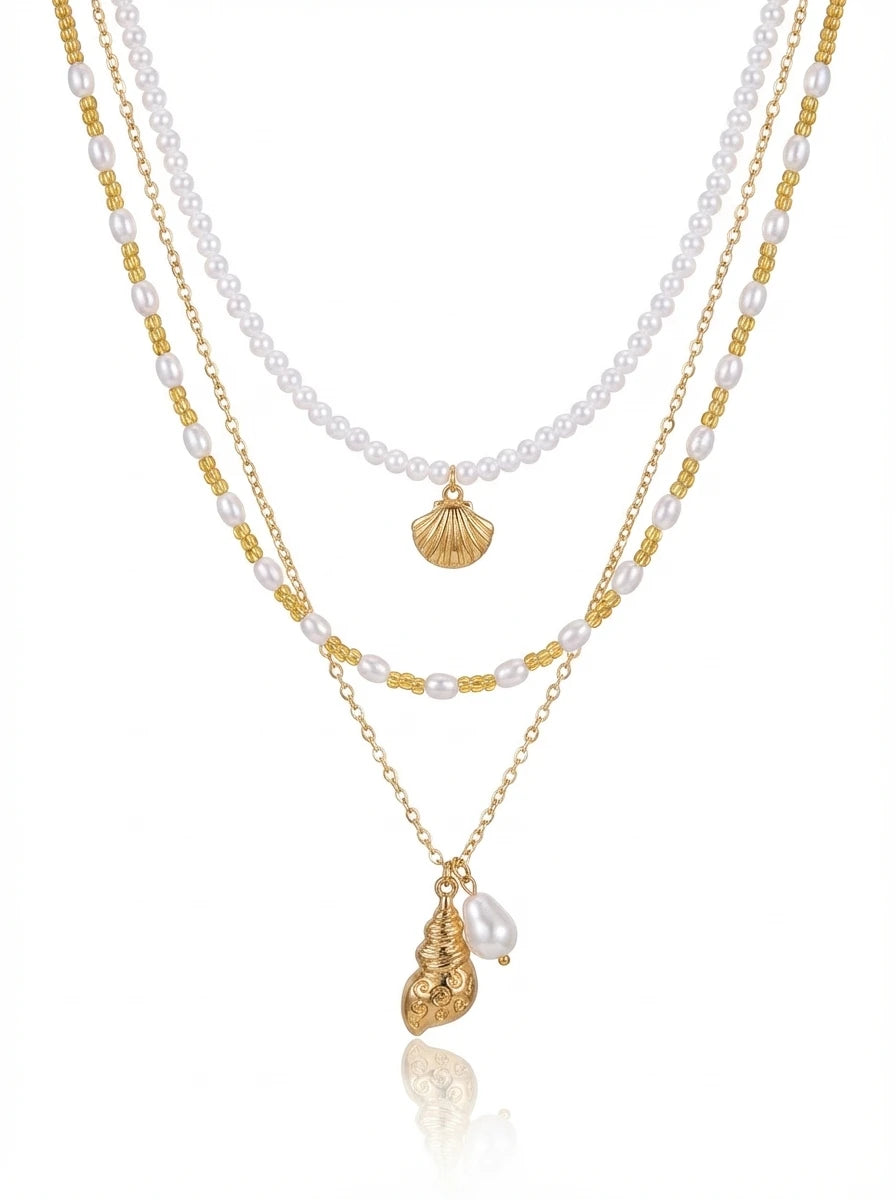 3Pcs Bohemian Conch Faux Pearl Seed Bead Choker Necklace Beach Vacation Ocean Layered Jewelry Set