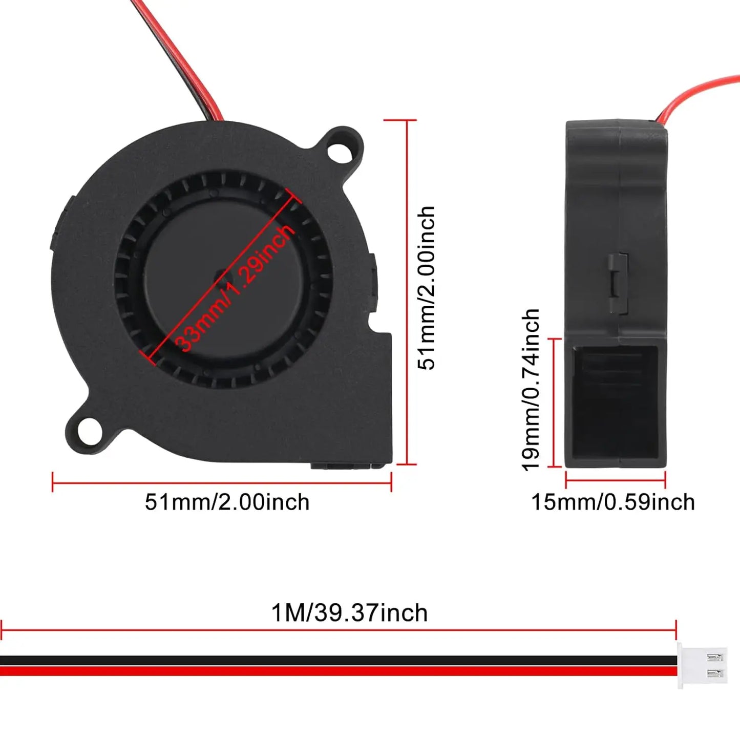 4pcs 50mm 5015 Blower Fan 12V Fans Blower Turbine Turbo Dual Ball Bearing, 1000mm/39in Cable Brushless Cooling 50mmx15mm 2PIN