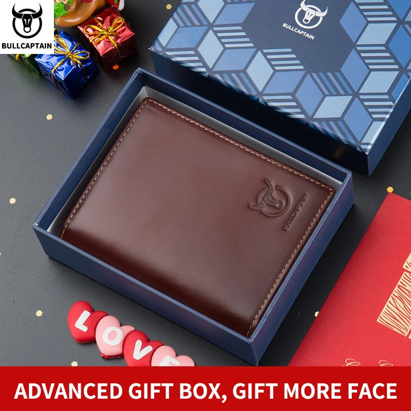 Bullcaptain Large Capacity Leather Bi-Fold Wallet Men's Gift Wallet's Compact Mini Credit Card Holder RFID Wallet Man