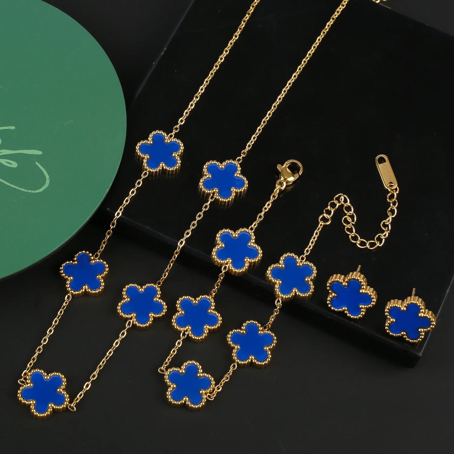 Stainless Steel Leaf Flower Clover Bracelet Jewelry Set Necklace Earrings Woman