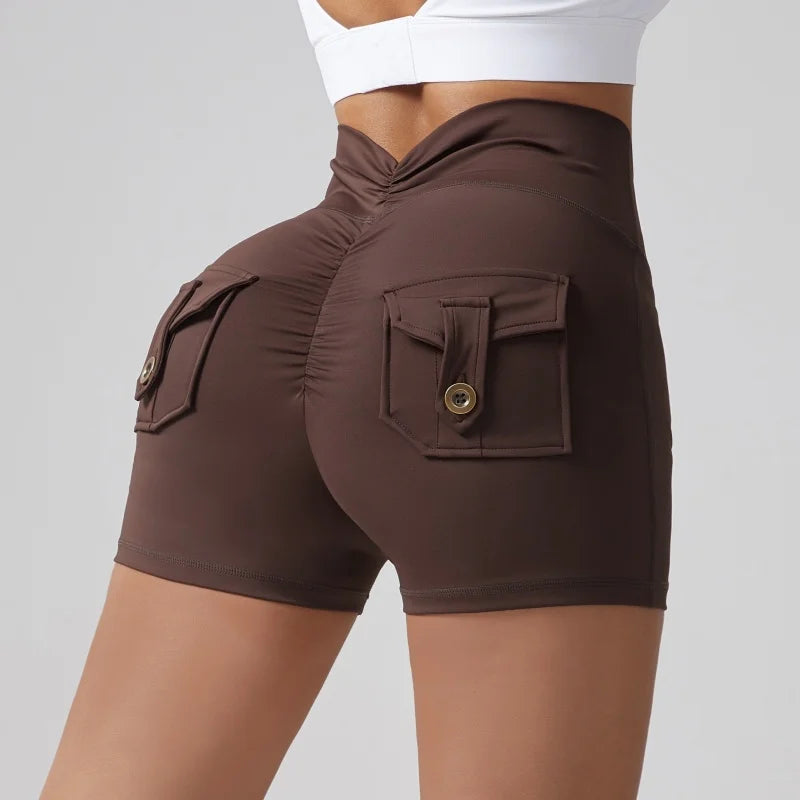 Shorts Wrinkled Tight Hip Tooling Pocket Solid Elastic Waist Yogurt Pant Legging Sets Workout Leggings for Women