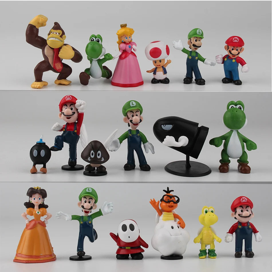 6Pcs Super Mario Bros PVC Action Figures Set Luigi Yoshi Donkey Kong Mushroom
