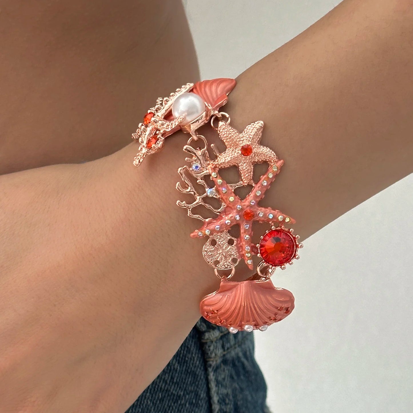 Statement Rose Gold Ocean Jewelry Set Women Chunky Coral Starfish Shell Pearl Crystal Necklace Bracelet Sunset Resort