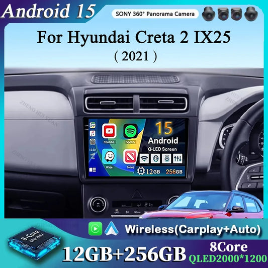 For Hyundai Creta 2 IX25 2021 2K 12+256 QLED Android 15 CarPlay Car Radio Multimedia Video Player GPS stereo Head Unit 4G WIFI