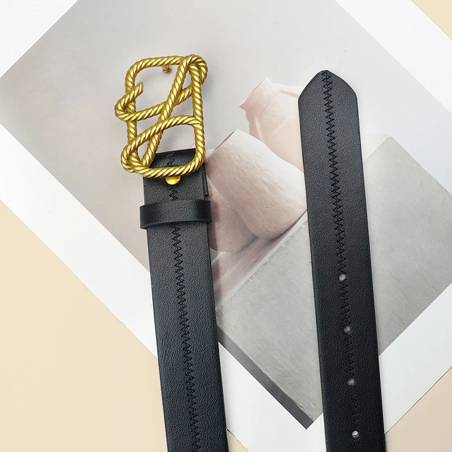 Black Fashionable Casual Women's Belt, Hollowed Out Rope Pattern Buckle, Classic Versatile Women's Belt