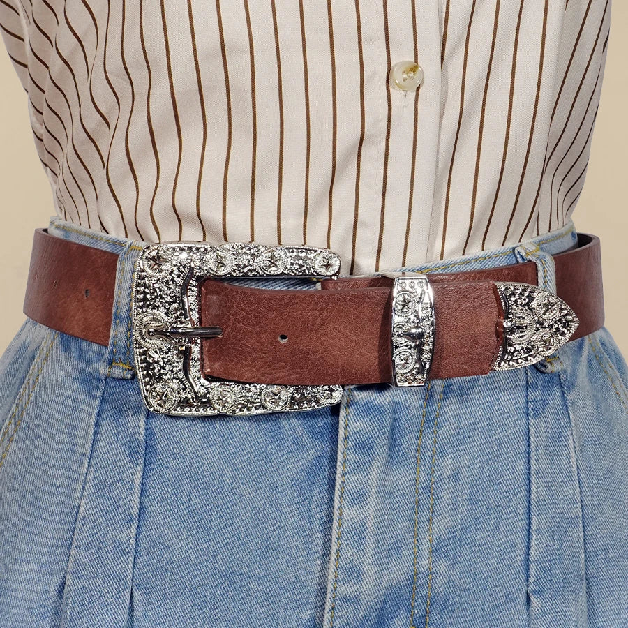Western Cowboy Street Style Belt - Silver Bullhead Carved Buckle Design for Daily Commute, Office & Casual Wear