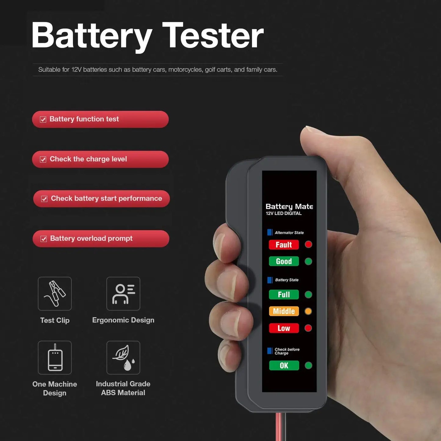 1/2pcs 12V Car Battery Tester Alternator Tester Automotive,Battery Checker Analyzer to Check Alternator Battery Charging System