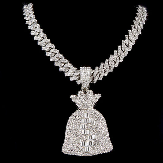 Men Women Hip Hop Dollar Sign Money Bag Pendant Necklace With 14mm Cuban ChainUSD Money Bag Necklaces Trendy Charm Jewelry Gift