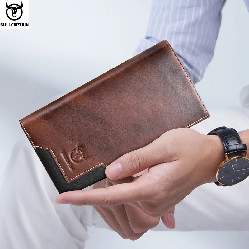 BULLCAPTAIN Genuine Leather Men's Long Handbag RFID Function Credit Card Holder Card Bag Leather Currency Multifunctional Wallet