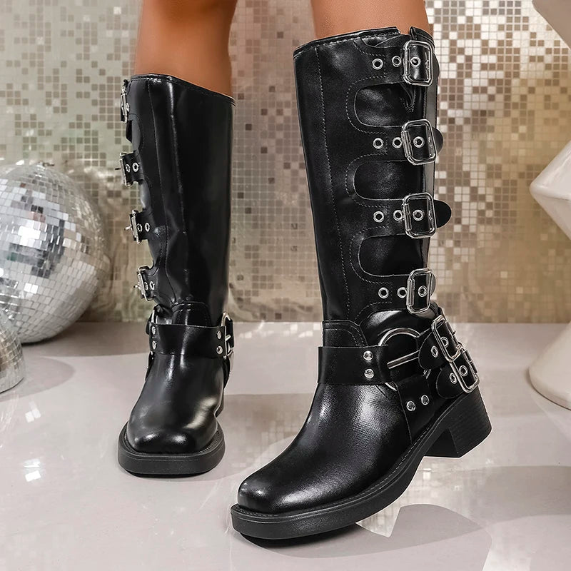 Fashion Buckle Platform Motorcycle Boots Women Plus Size 43 Thick Heels Punk Knee High Boots Woman Pu Leather Goth Long Botas
