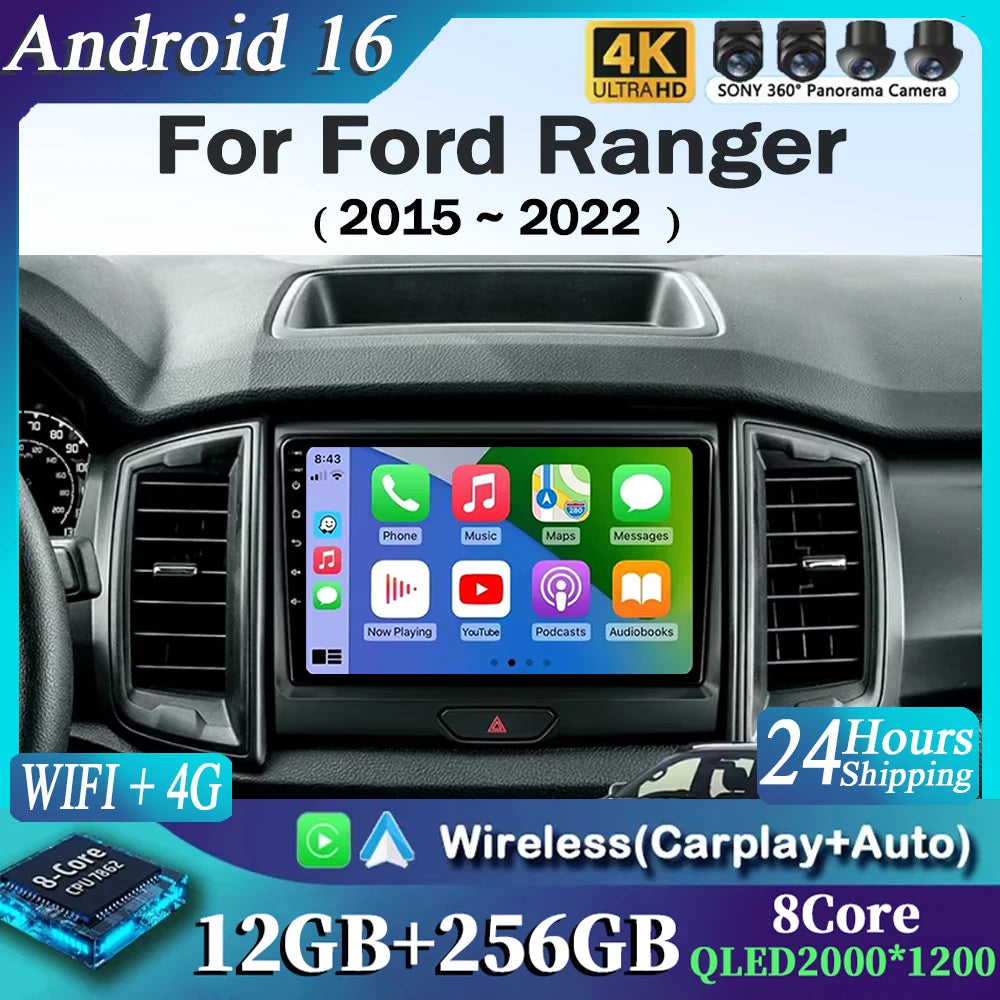 For Ford Ranger 2015 2016 2017 2018 2019-2022 Android 16 Car Radio Stereo QLED Screen GPS Multimedia Carplay Autoradio Head unit