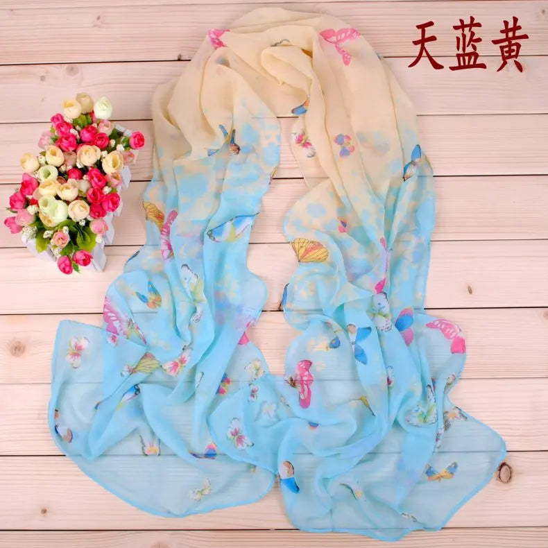 New Yiwu Colorful Little Butterfly Women's Printed Chiffon Long Scarves Wholesale Spring and Summer Printed Scarves