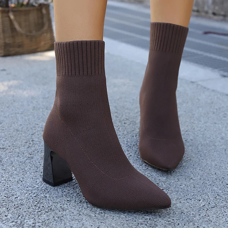 Autumn Winter Knitted High Heel Boots Women 2025 Sexy Pointed Toe Ankle Boots Woman Plus Size 36-43 Thick Heels Booties Mujer