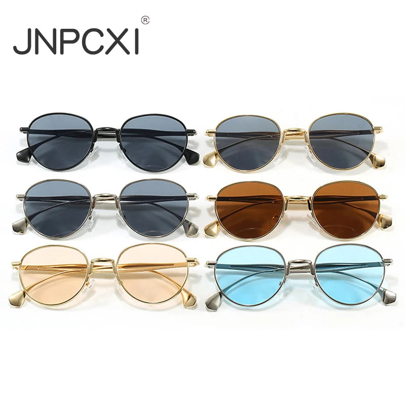 JNPCXI New Retro Metal Oval Sunglasses Women Brand Designer Shades UV400 Fashion Punk Men Blue Sun Glasses