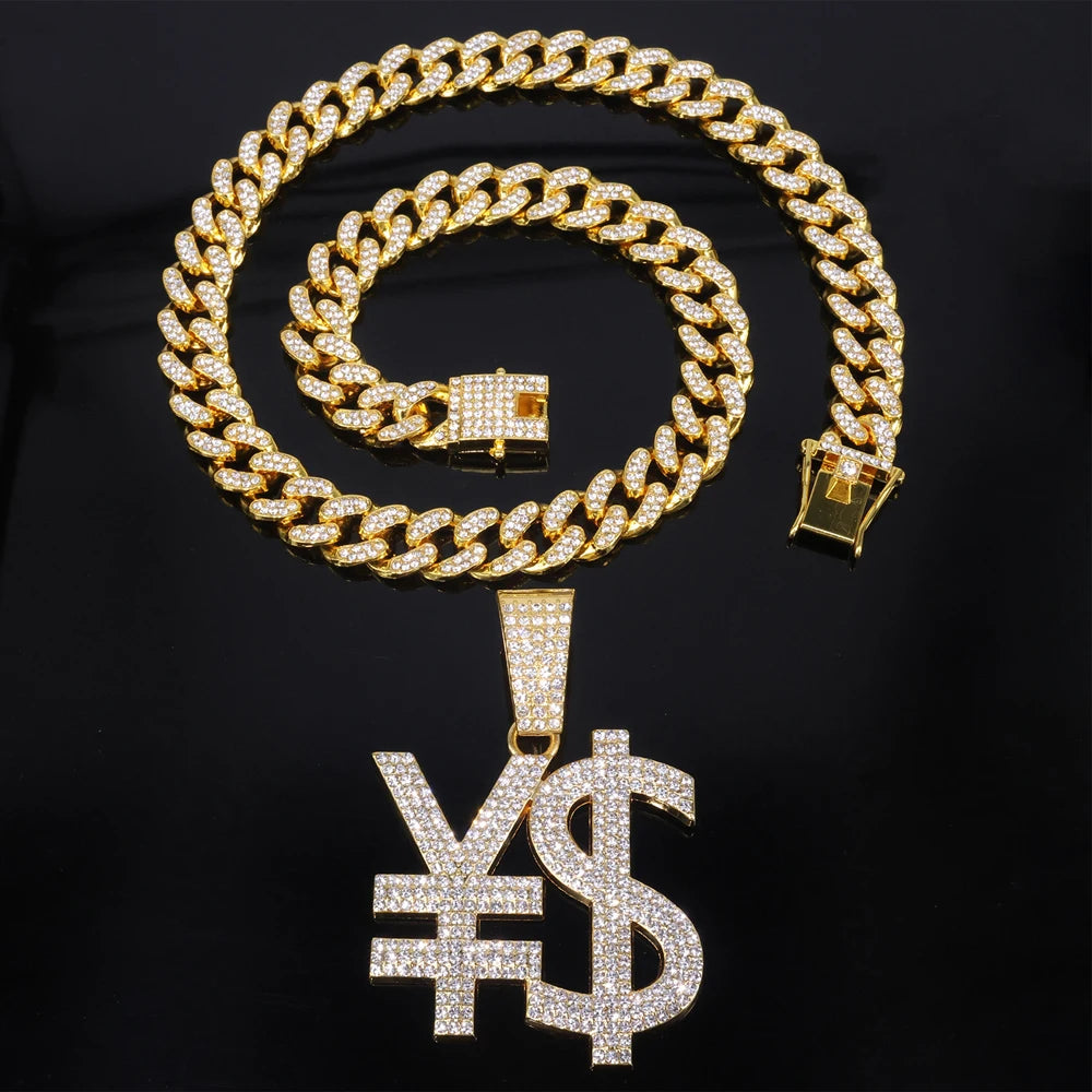 Hip Hop Exaggerated Dollar Sign Pendant,with 13mm Cuban Chain Currency Symbol Pendant Necklace for Men Rapper Charm Jewelry Gift