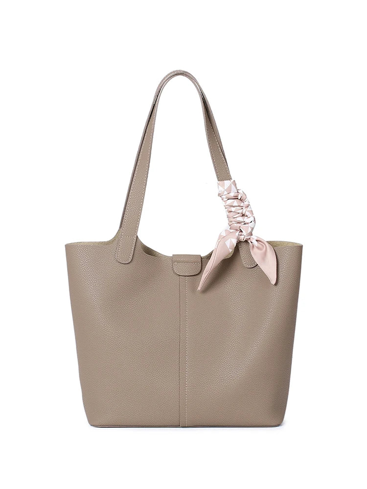 Genuine Cowhide Leather Tote Bag for Women Pebbled Leather Shoulder Bag with Removable Pouch&Silk Scarf Luxury Designer Handbag