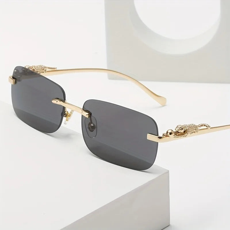 Frameless Rectangular Fashion Glasses for Men and Women Luxurious Design with Gold Metal Border Leopard Head Buckle